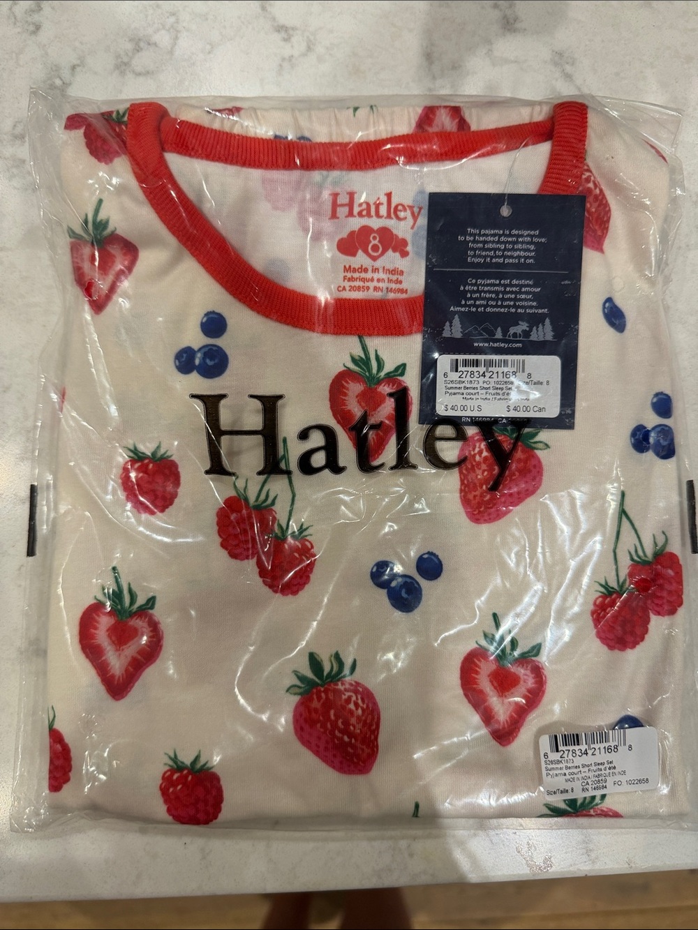 Hatley Kids Strawberry Print Sleep Shirt and Short Set in Cream with Red Trim